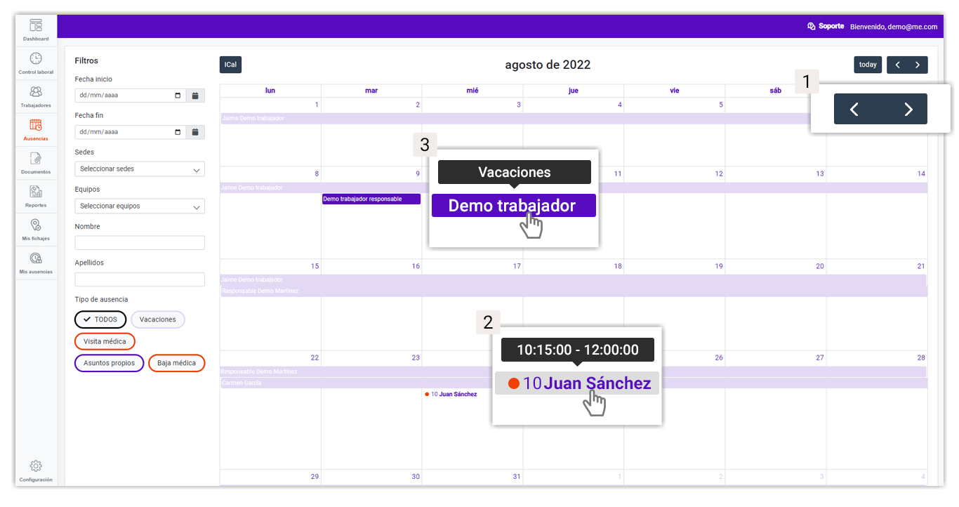 calendario | software control de presencia | Lunia