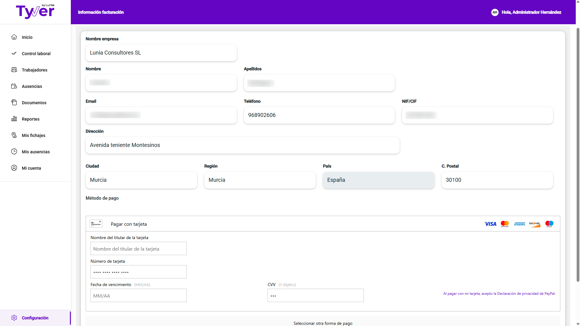Informacion-facturacion pantalla para añadir los datos de facturación en Tyver