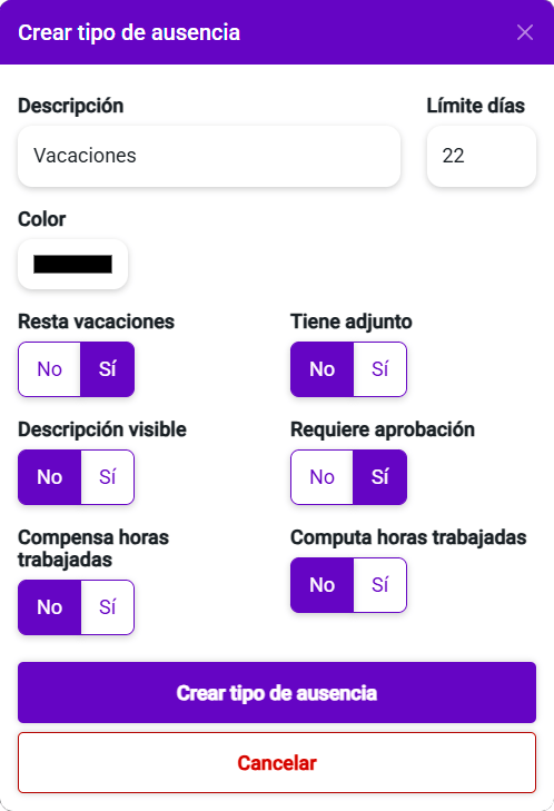 cómo crear y configurar tipos de ausencia en tyver