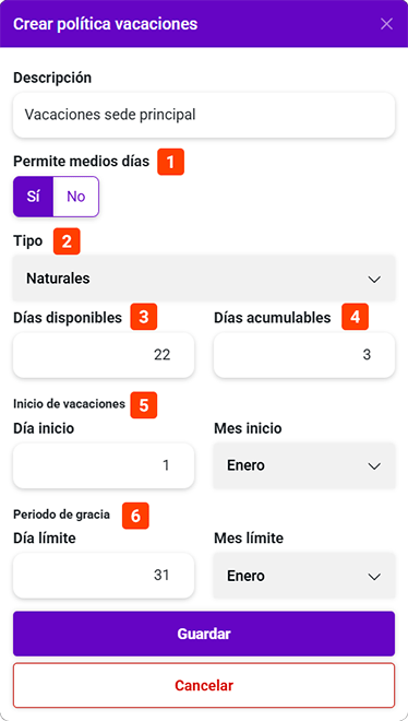 configuración de la política de vacaciones en Tyver