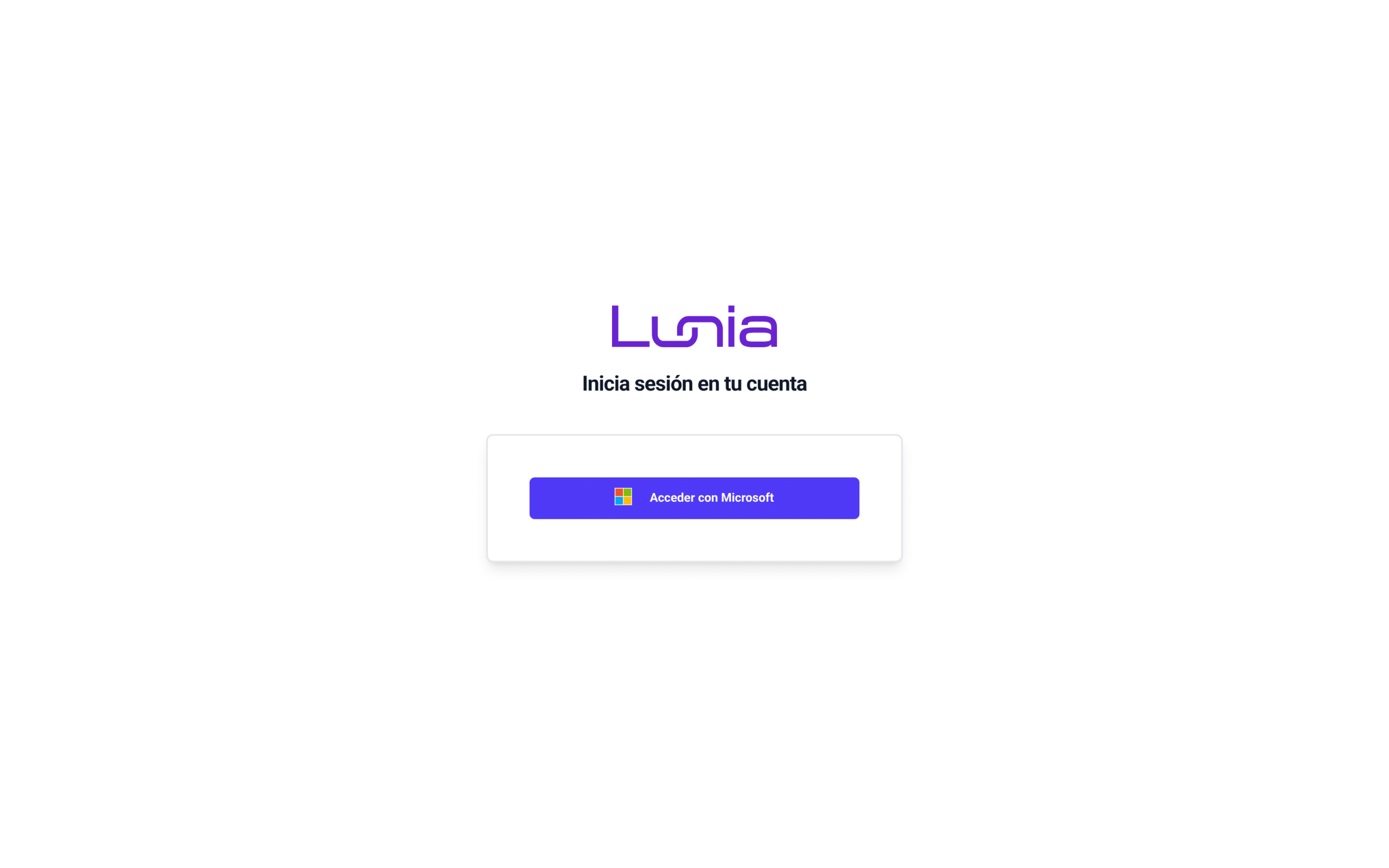 Pantalla de inicio de sesión de la aplicación con el logotipo corporativo, el título Inicia sesión en tu cuenta y el botón Acceder con Microsoft