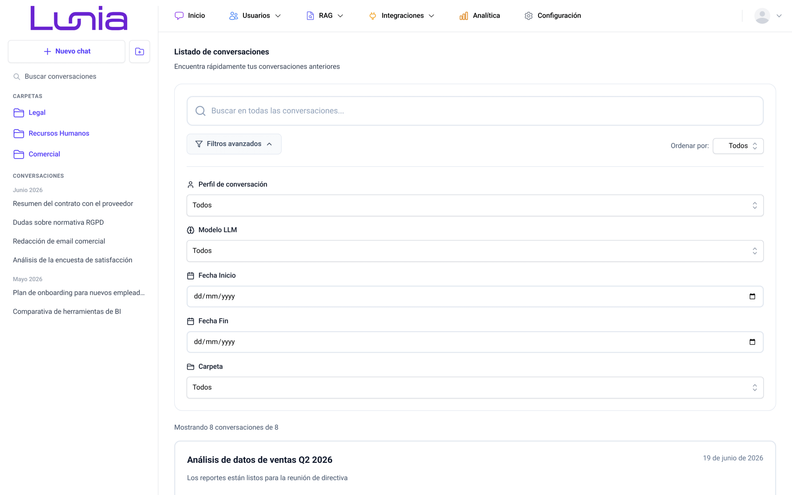 Panel de filtros avanzados desplegado con los campos Perfil de conversación, Modelo LLM, Fecha Inicio, Fecha Fin y Carpeta, todos con el valor Todos o vacíos