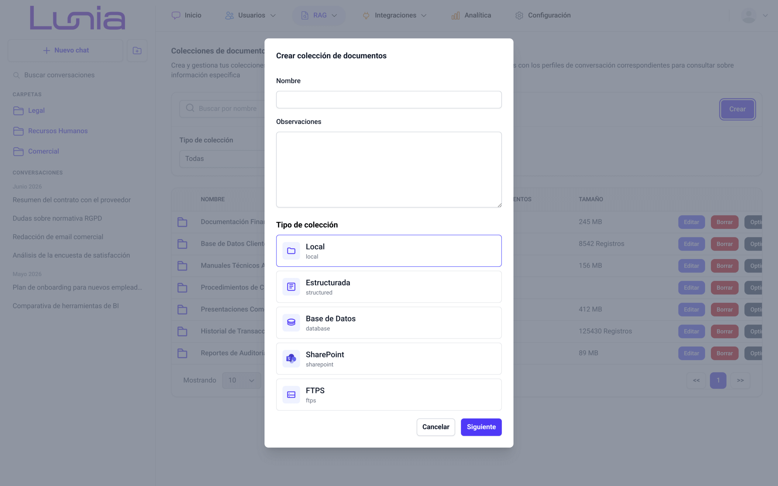 Ventana Crear colección de documentos con los campos Nombre y Observaciones vacíos, las tarjetas de tipo Local, Estructurada, Base de datos, SharePoint y FTPS con Local seleccionada, y los botones Cancelar y Siguiente