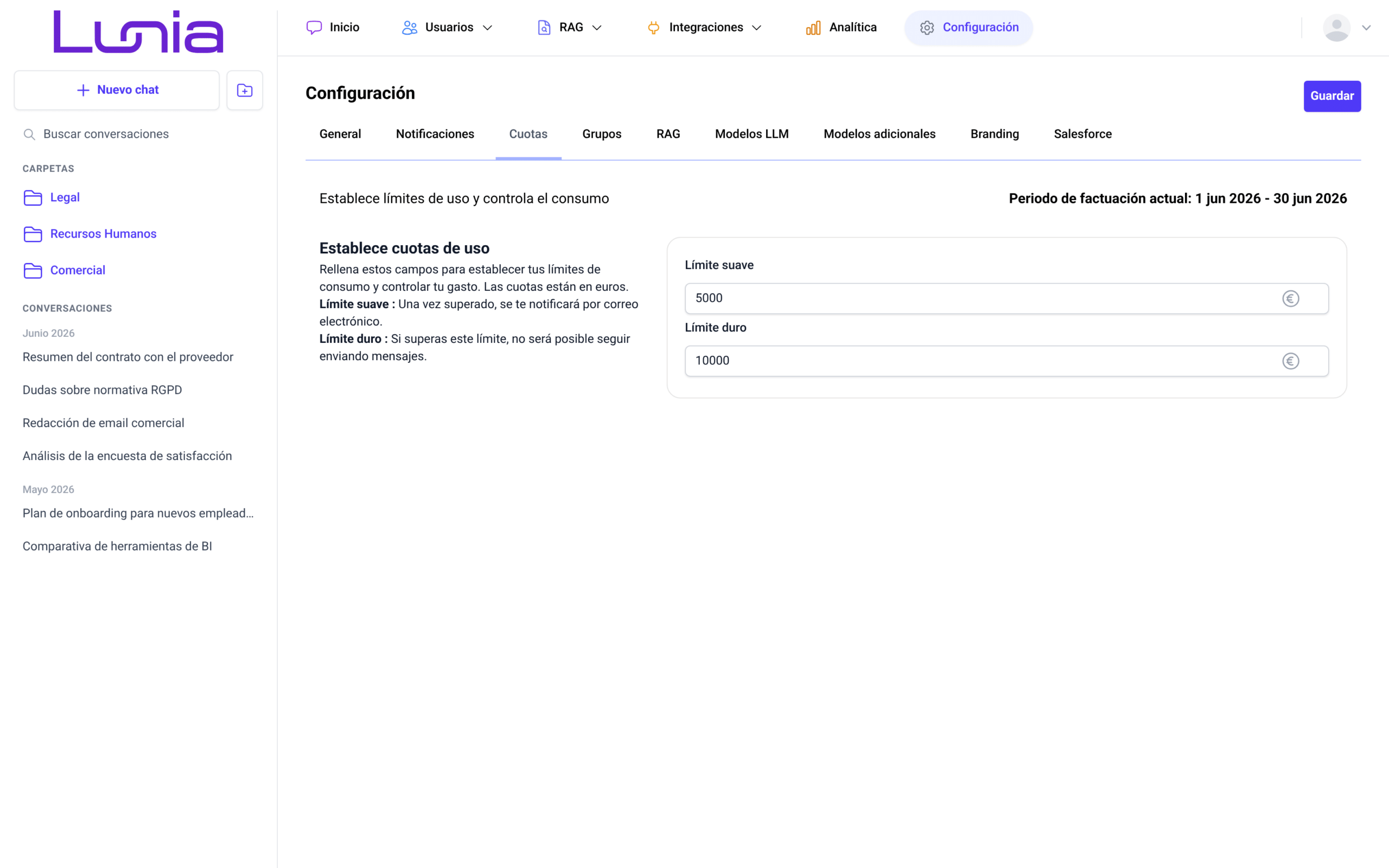 manual-chat-inteligente-12b-configuracion-cuotas-41233e10 Pestaña Cuotas con el periodo de facturación actual y los campos Límite suave y Límite duro en euros