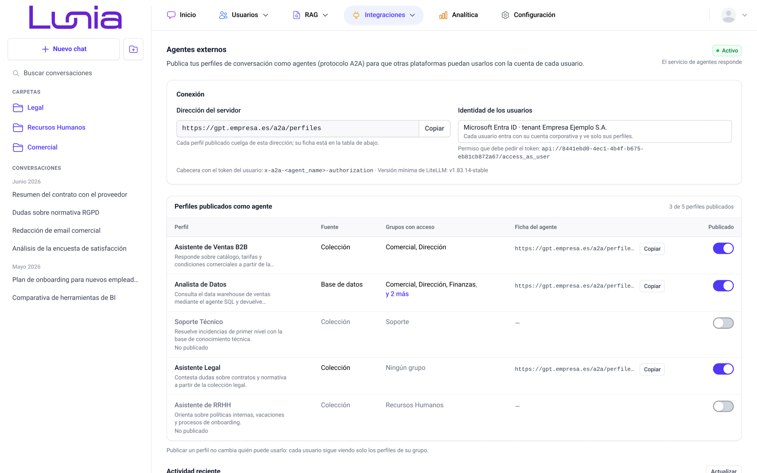 manual-chat-inteligente-17-agentes-externos-65766928 Pantalla Agentes externos con el indicador Activo del servicio, el bloque Conexión, la tabla Perfiles publicados como agente con sus interruptores y el inicio de Actividad reciente