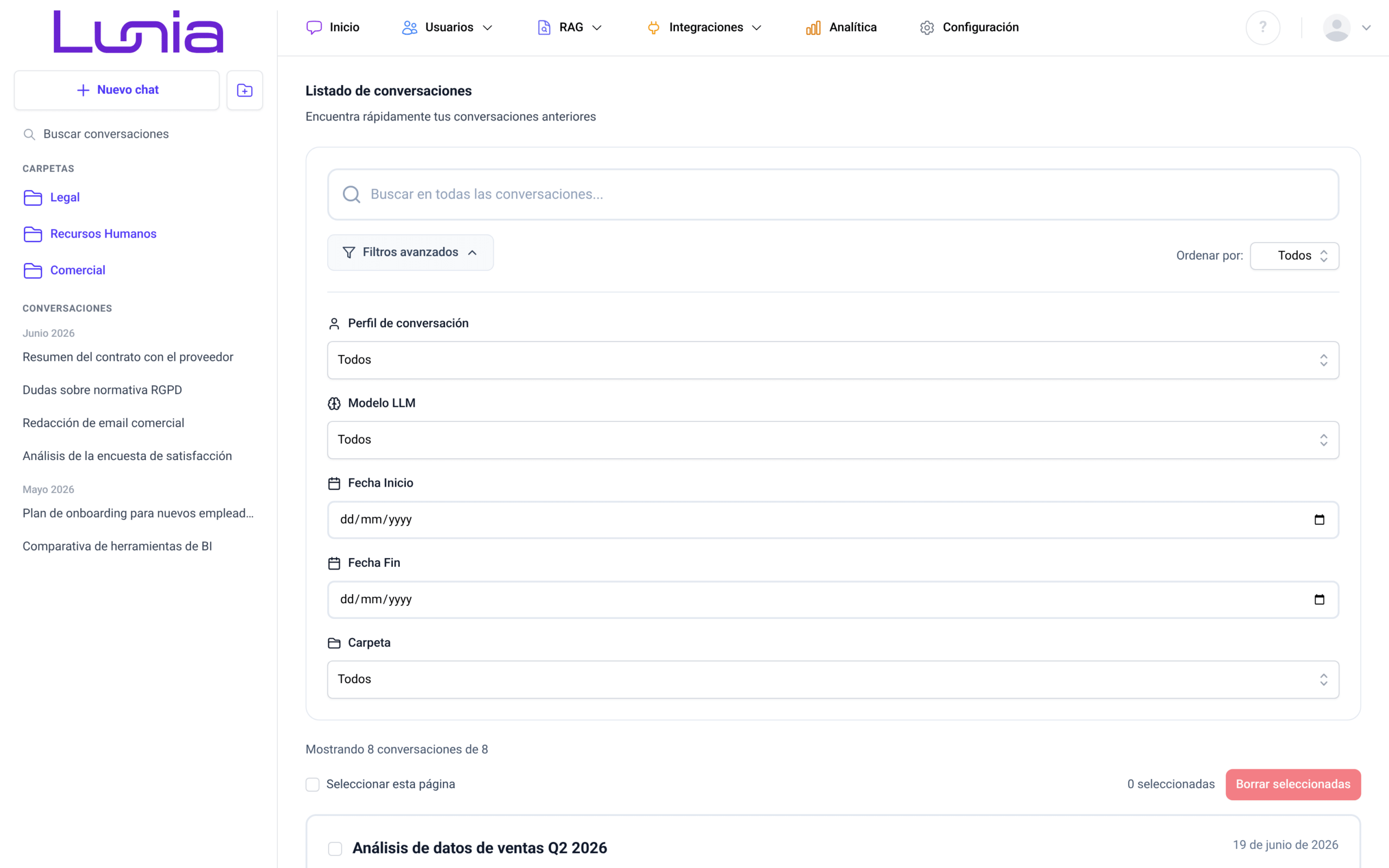 Panel de filtros avanzados desplegado con los campos Perfil de conversación, Modelo LLM, Fecha Inicio, Fecha Fin y Carpeta, todos con el valor Todos o vacíos