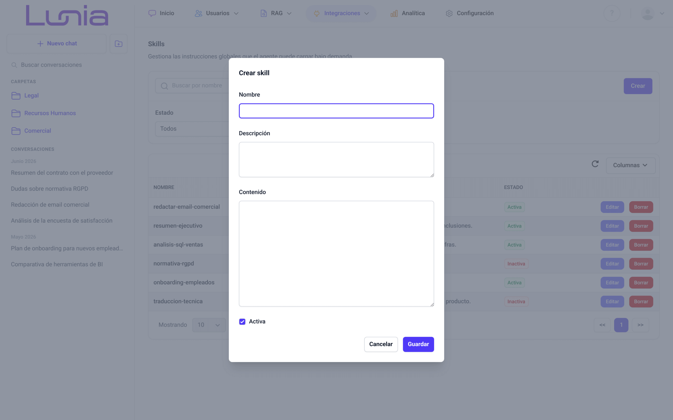 Ventana Crear skill con los campos Nombre, Descripción y Contenido vacíos, el cursor en Nombre, la casilla Activa marcada y los botones Cancelar y Guardar